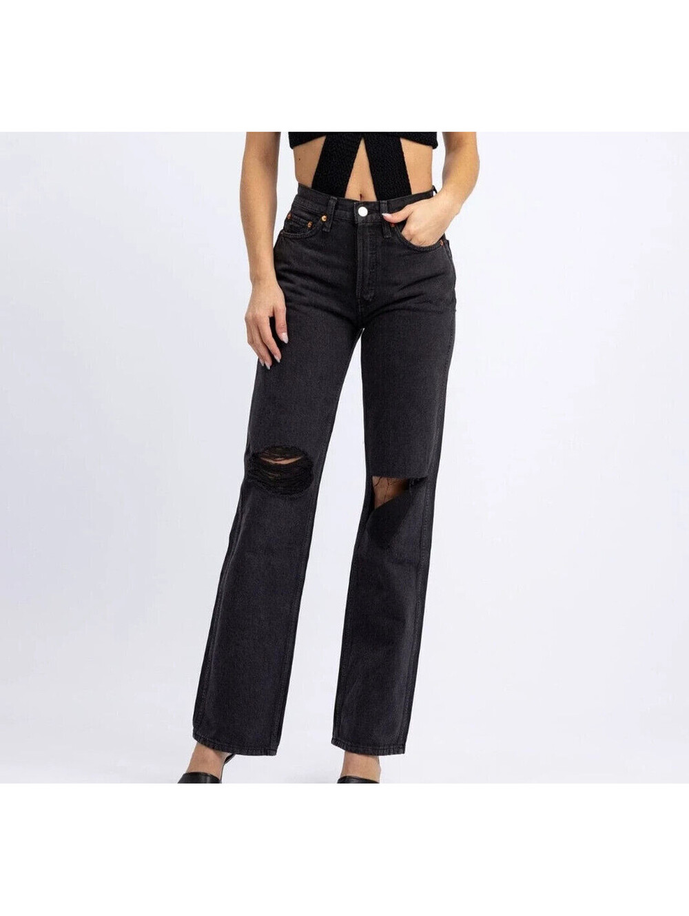 Re/Done Womens High Rise 90s Loose Straight Leg Jeans Black Denim Size 25 w x 31